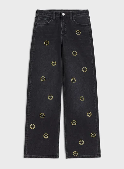 H&M Kids Smiley Print Wide Leg Jeans