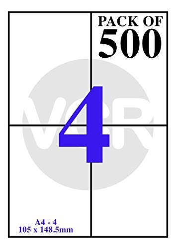 VCR A4 Size White Self Adhesive Wood Free Label/Sticker for Printer (Inject/Copier/Laser) - 4 Sticker Per Sheet - 500 Sheets Pack - Image 2