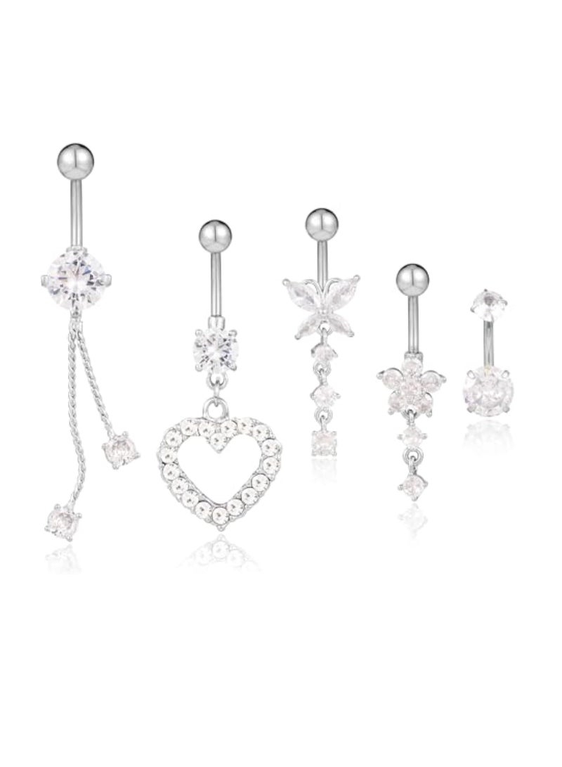 KASTWAVE 5pcs Belly Button Rings, Silver Plated Belly Button Rings, Surgical Stainless Steel Dangle Belly Rings Heart Flower Butterfly Diamond Belly Button Ring Bars Belly Piercing Jewelry Navel Rings (Silver) - Image 1