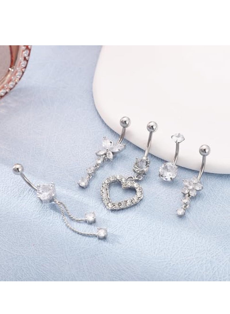 KASTWAVE 5pcs Belly Button Rings, Silver Plated Belly Button Rings, Surgical Stainless Steel Dangle Belly Rings Heart Flower Butterfly Diamond Belly Button Ring Bars Belly Piercing Jewelry Navel Rings (Silver) - Image 2