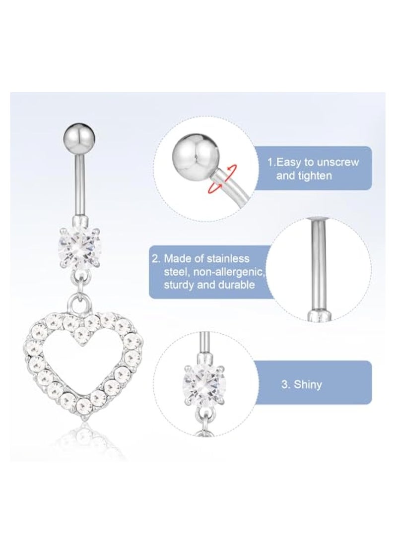 KASTWAVE 5pcs Belly Button Rings, Silver Plated Belly Button Rings, Surgical Stainless Steel Dangle Belly Rings Heart Flower Butterfly Diamond Belly Button Ring Bars Belly Piercing Jewelry Navel Rings (Silver) - Image 4