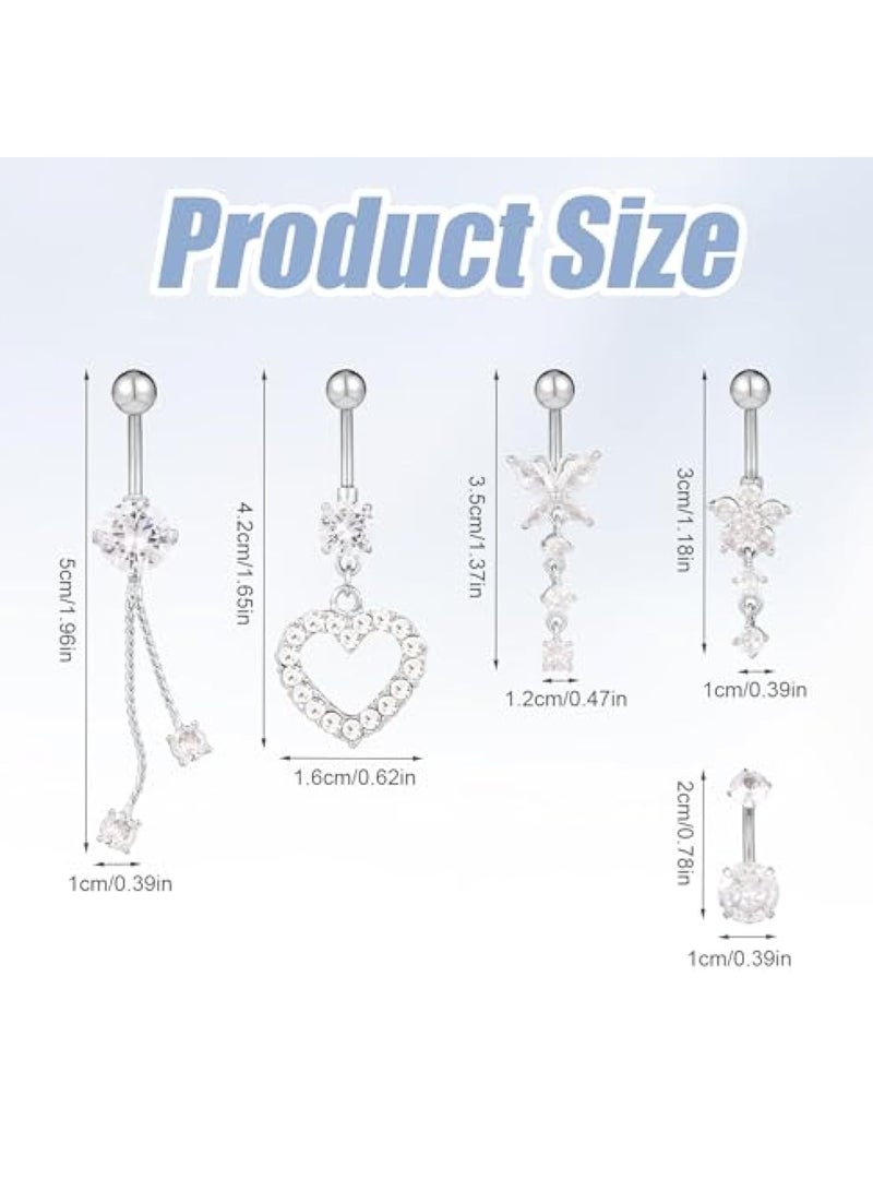 KASTWAVE 5pcs Belly Button Rings, Silver Plated Belly Button Rings, Surgical Stainless Steel Dangle Belly Rings Heart Flower Butterfly Diamond Belly Button Ring Bars Belly Piercing Jewelry Navel Rings (Silver) - Image 5