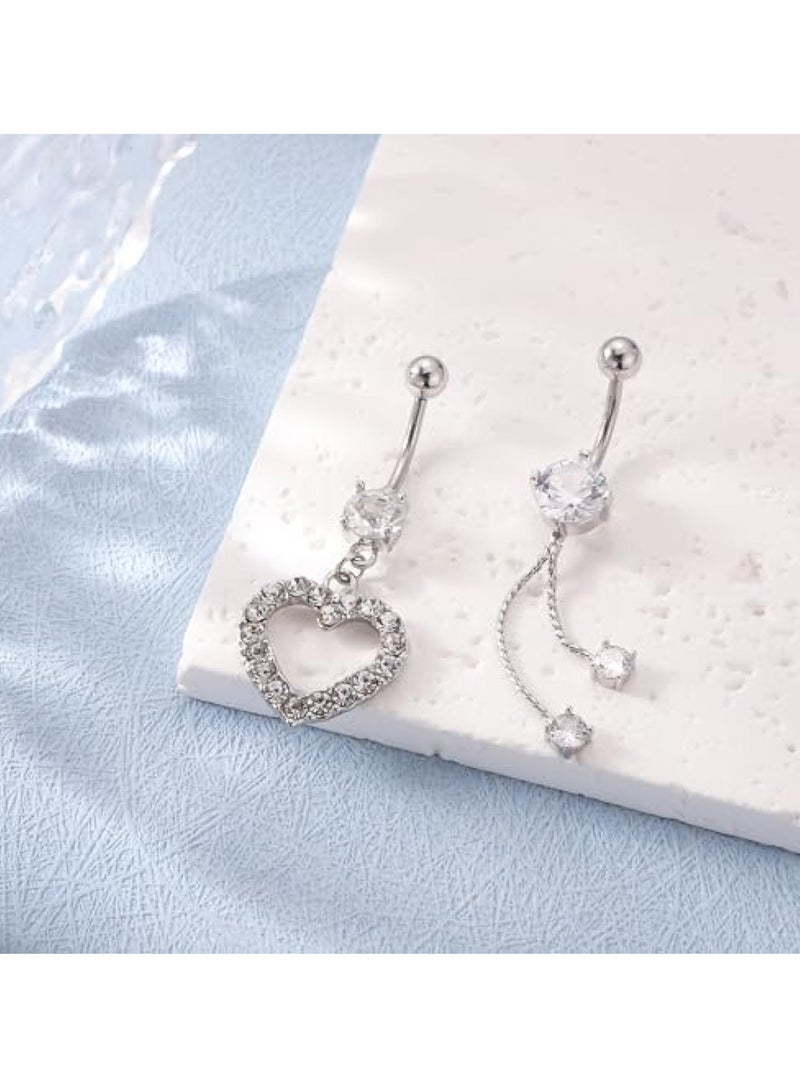 KASTWAVE 5pcs Belly Button Rings, Silver Plated Belly Button Rings, Surgical Stainless Steel Dangle Belly Rings Heart Flower Butterfly Diamond Belly Button Ring Bars Belly Piercing Jewelry Navel Rings (Silver) - Image 3