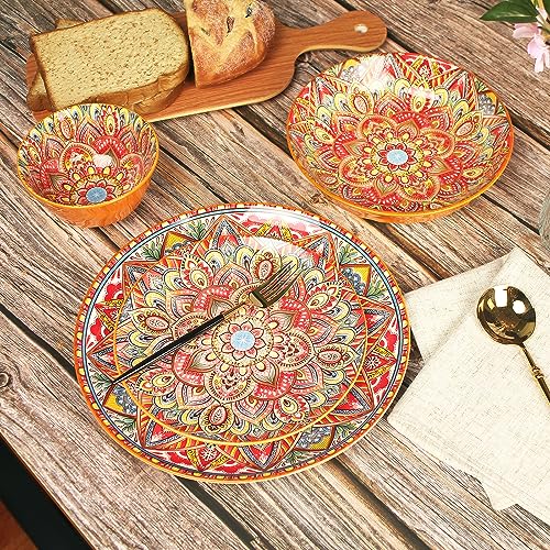 YA JU Mandala Dinnerware Sets (12 Pcs) Serves 4, Buffet Dinnerware, Boho Plates and Bowls Dish Set with 8" salad Plate 10" dinner Plate 4.8" bowl, apply Casual dining Indoor Outdoor Dining Part - Image 4