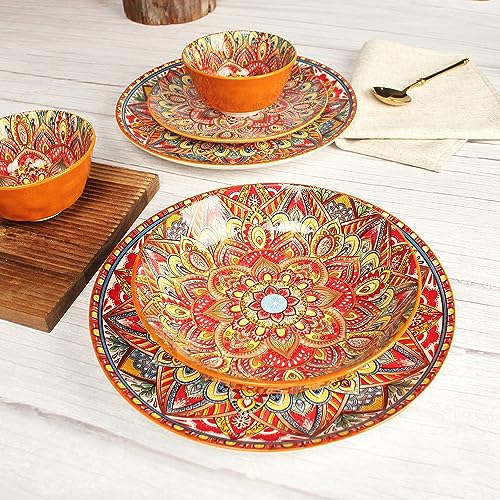 YA JU Mandala Dinnerware Sets (12 Pcs) Serves 4, Buffet Dinnerware, Boho Plates and Bowls Dish Set with 8" salad Plate 10" dinner Plate 4.8" bowl, apply Casual dining Indoor Outdoor Dining Part - Image 5