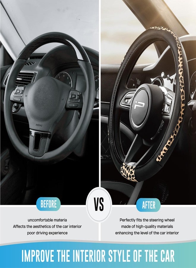 Road Comforts Steering Wheel Cover - Made with PVC Leather and Leopard Fabric - Universal 14 1/2 inches to 15 inches for Most Automotive Steering Wheel - Cheetah Print - Black - Image 3