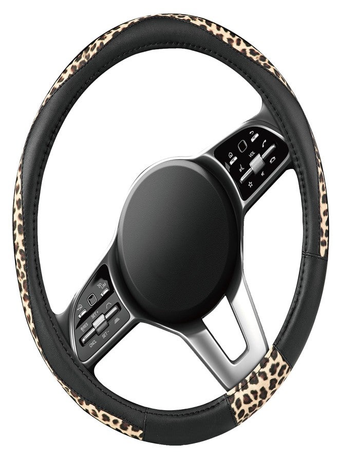 Road Comforts Steering Wheel Cover - Made with PVC Leather and Leopard Fabric - Universal 14 1/2 inches to 15 inches for Most Automotive Steering Wheel - Cheetah Print - Black - Image 2
