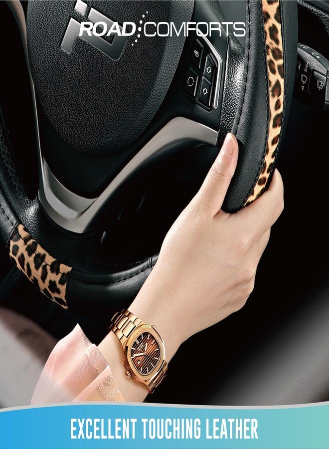 Road Comforts Steering Wheel Cover - Made with PVC Leather and Leopard Fabric - Universal 14 1/2 inches to 15 inches for Most Automotive Steering Wheel - Cheetah Print - Black - Image 5