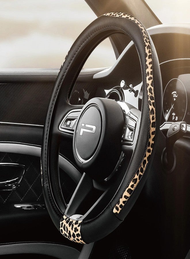 Road Comforts Steering Wheel Cover - Made with PVC Leather and Leopard Fabric - Universal 14 1/2 inches to 15 inches for Most Automotive Steering Wheel - Cheetah Print - Black - Image 1