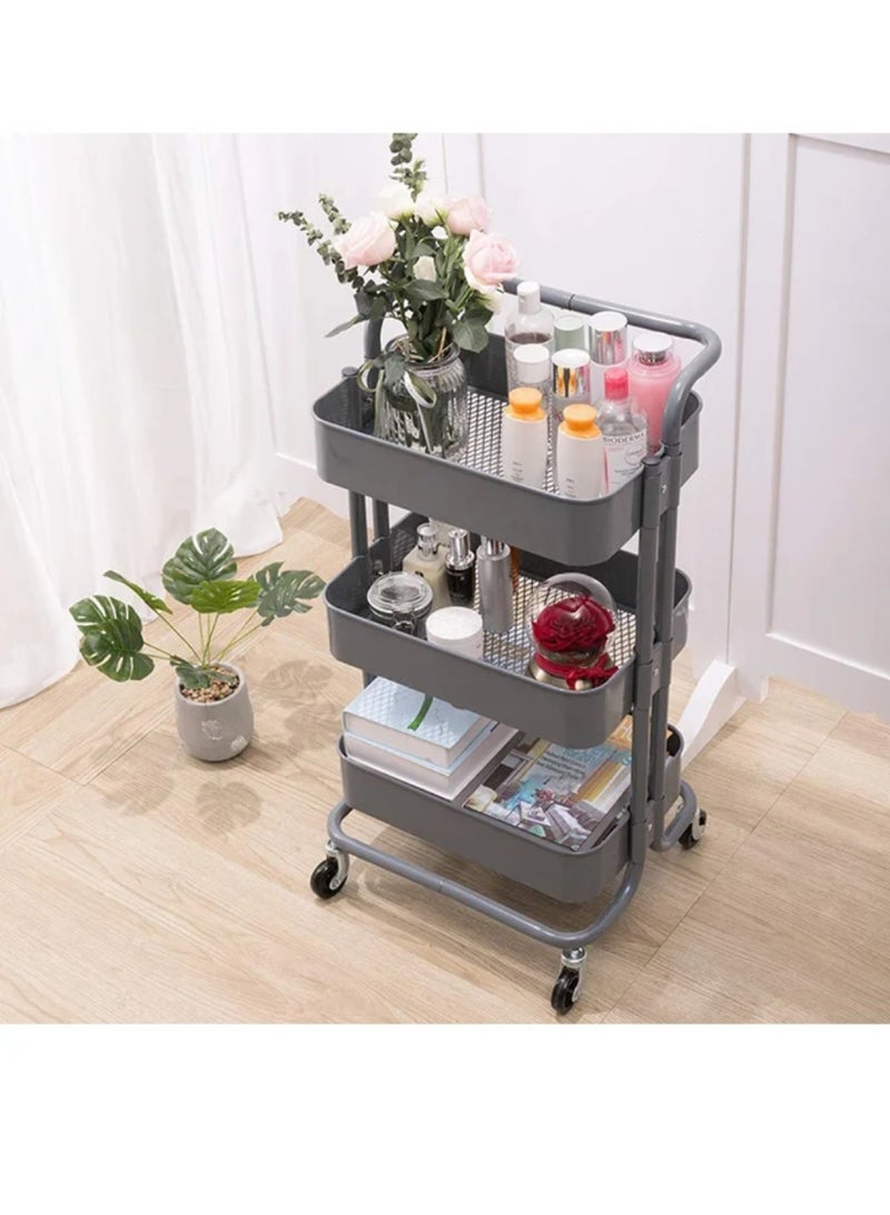 Metal rotating trolley organizer with 3 shelves, gray - Image 1