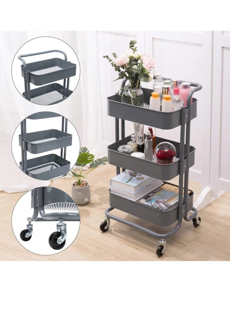 Metal rotating trolley organizer with 3 shelves, gray - Image 3