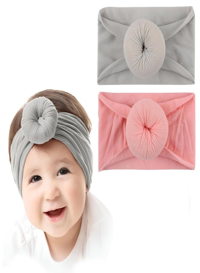SYGA Pack Of 2 Baby Headbands Soft Cotton Strechable Turban Hairbands For Newborn Infant Toddlers Kids 0-3 Years (Pink-Grey) - Image 1
