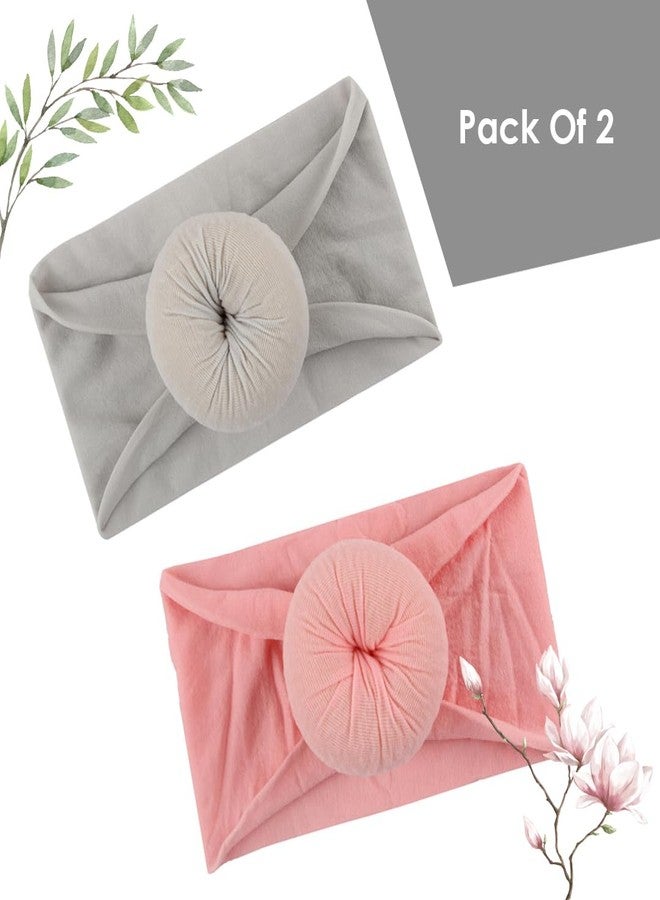 SYGA Pack Of 2 Baby Headbands Soft Cotton Strechable Turban Hairbands For Newborn Infant Toddlers Kids 0-3 Years (Pink-Grey) - Image 5