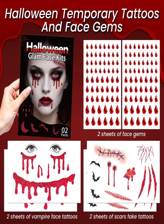 Leesgel Halloween Decorations- Glitter Vampire Face Temporary Tattoos with Self Adhesive Face Gems Perfect for Halloween Costumes, Makeup, Party Favors, Stickers, Goodie Bag Stuffers for Women Adults - Image 2
