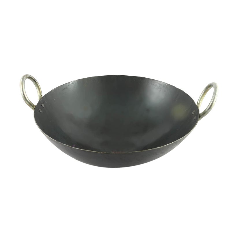 KITCHEN SHOPEE KITCHEN SHOPEE Heavy Base Iron Kadhai Kadai with Handle Deep Frying Cooking Iron Handmade pan Multipurpose use with Golden Rings Black Color Induction Bottom (12 INCH 4.5 Liter)  - Image 2