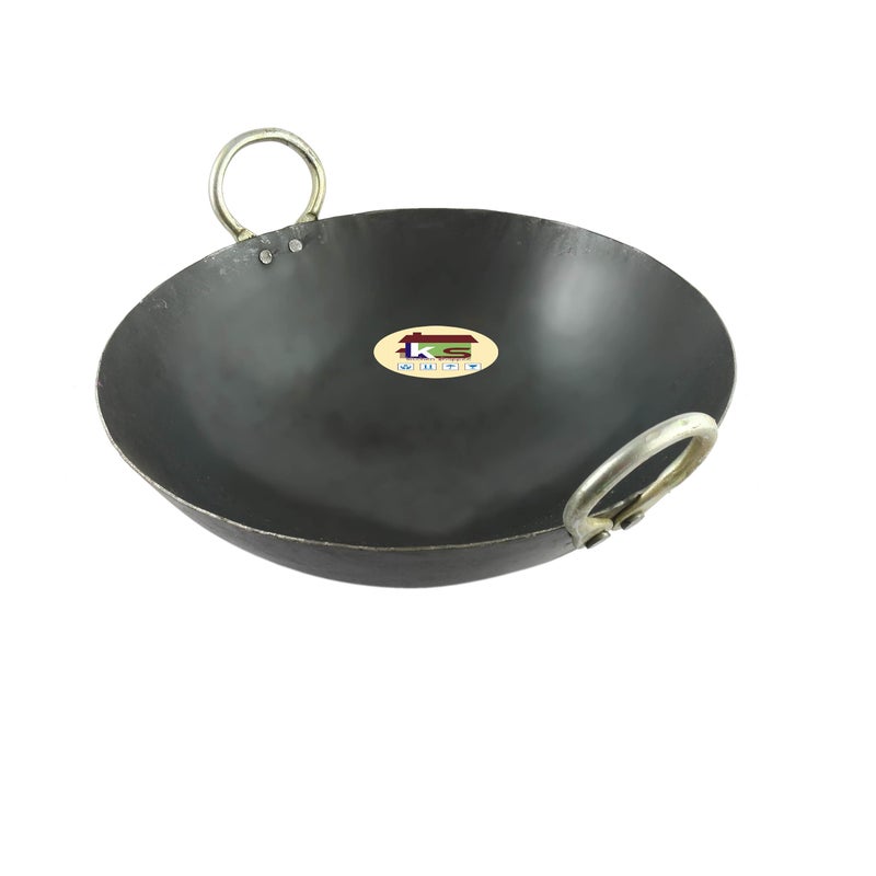 KITCHEN SHOPEE KITCHEN SHOPEE Heavy Base Iron Kadhai Kadai with Handle Deep Frying Cooking Iron Handmade pan Multipurpose use with Golden Rings Black Color Induction Bottom (12 INCH 4.5 Liter)  - Image 1