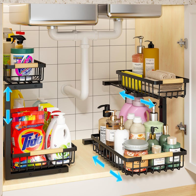 REALINN Under Sink Organizer 2 Pack Height Adjustable Under Sink Organizers and Storage 2 Tier Pull Out Drawer Cabinet Storage for Kitchen Bathroom