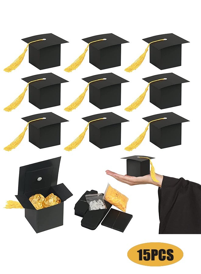 15 Pack Graduation Candy Boxes, Graduation Cap Gift Sugar Chocolate Boxes with Yellow Tassel, DIY Grad Treat Box for Graduation Party Favors Boxes, Graduation Decor Party Supplies - Image 1