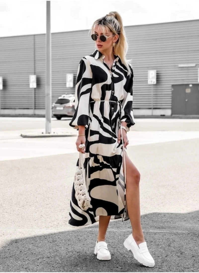 يونيكي Black Abstract Print Shirt Midi Dress