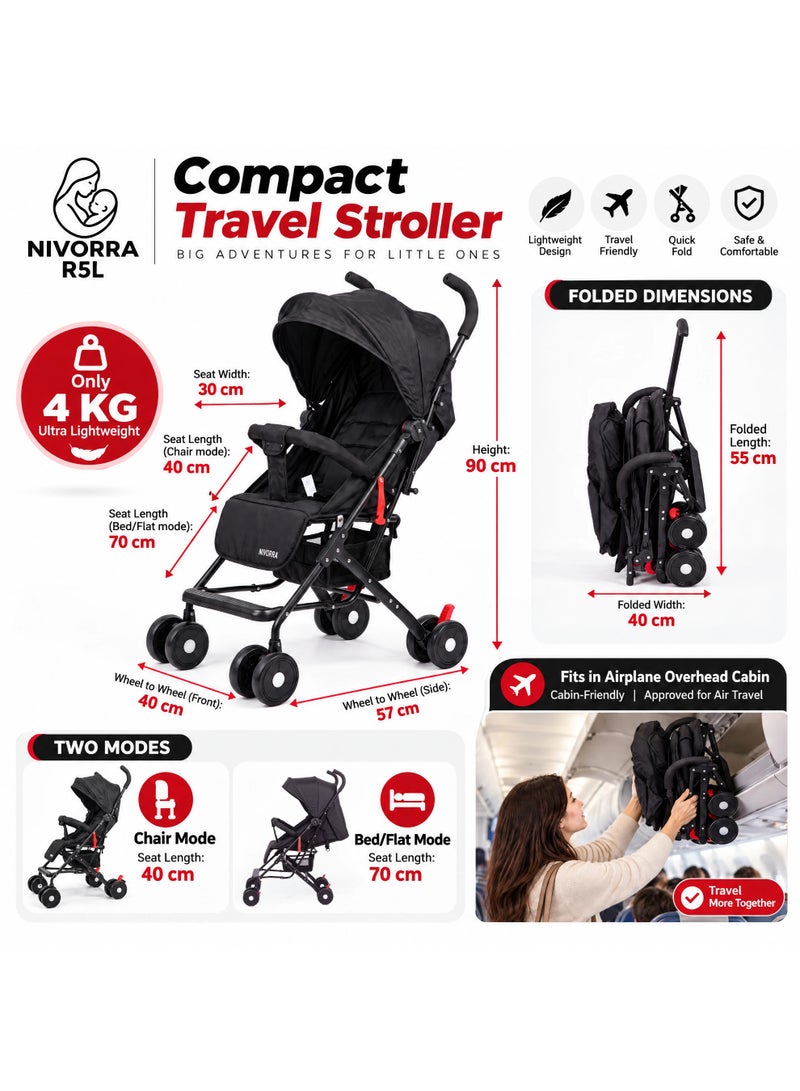 NIVORRA Travel Baby Stroller Nivorra R5L, Lightweight Foldable Compact Stroller, Reclining Seat, 6.7 kg, Easy-Fold Travel Pram - Image 2