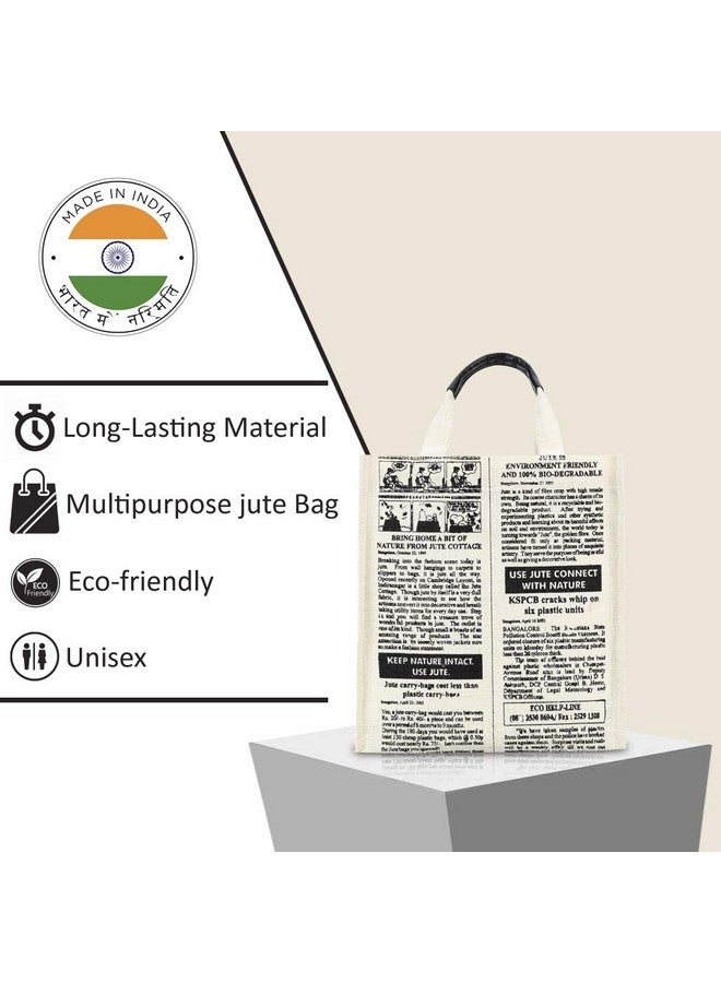 Jute Cottage Jute Bags For Lunch For Women And Men Jute Tiffin Casual Bags Newspaper Print White|Size 10 X 10 X 6 In (White), 7 Liter - Image 5
