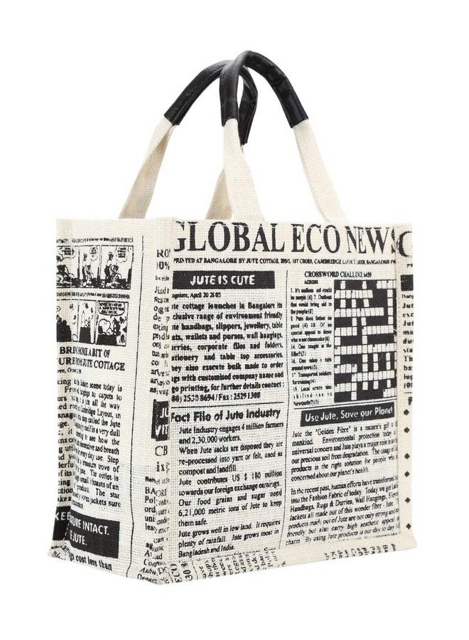 Jute Cottage Jute Bags For Lunch For Women And Men Jute Tiffin Casual Bags Newspaper Print White|Size 10 X 10 X 6 In (White), 7 Liter - Image 1