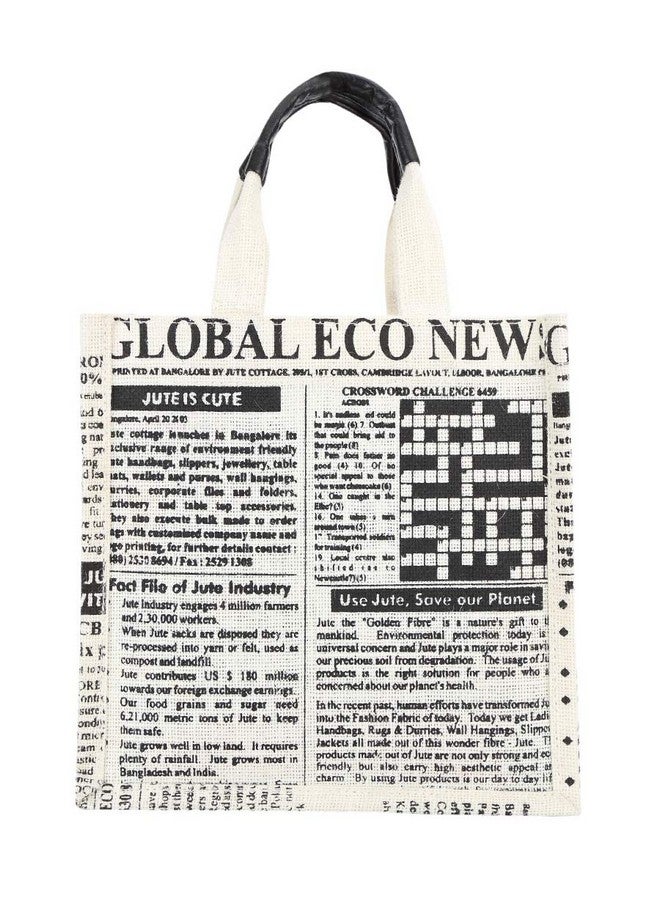Jute Cottage Jute Bags For Lunch For Women And Men Jute Tiffin Casual Bags Newspaper Print White|Size 10 X 10 X 6 In (White), 7 Liter - Image 2