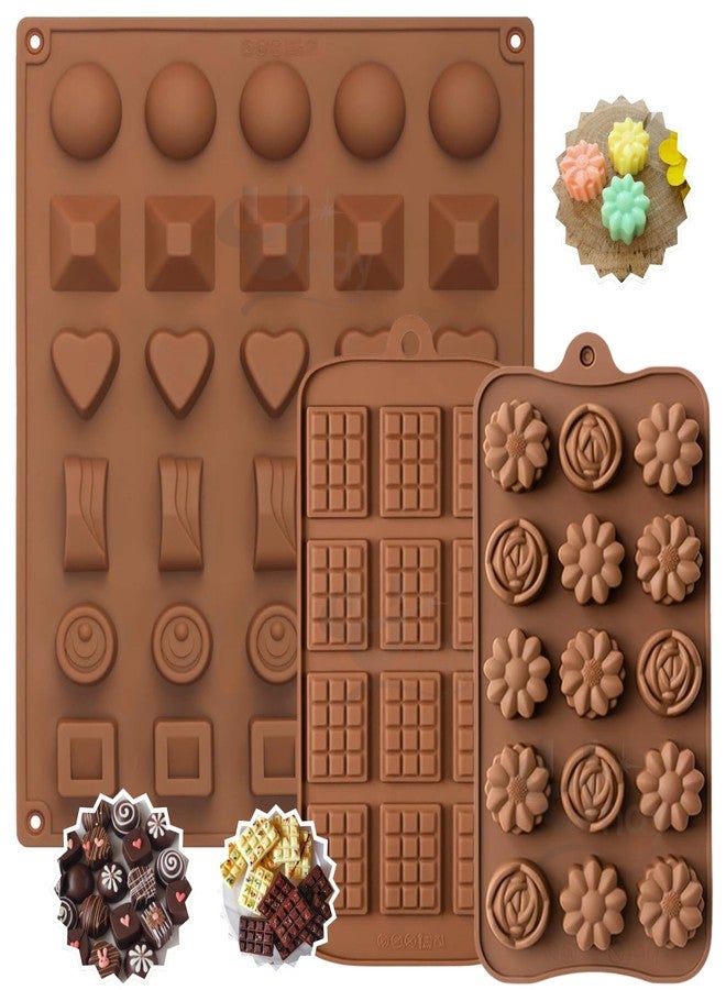 Undy Chocolate Mould Silicone Mix Flowers Round Heart Square Rectangle Pyramid Sphere Mini Bars Shape Chocolate Mould for Chocolate Making Multipurpose Jelly Ice Cubes Cake Decoration Tools, 3 PCS - Image 1