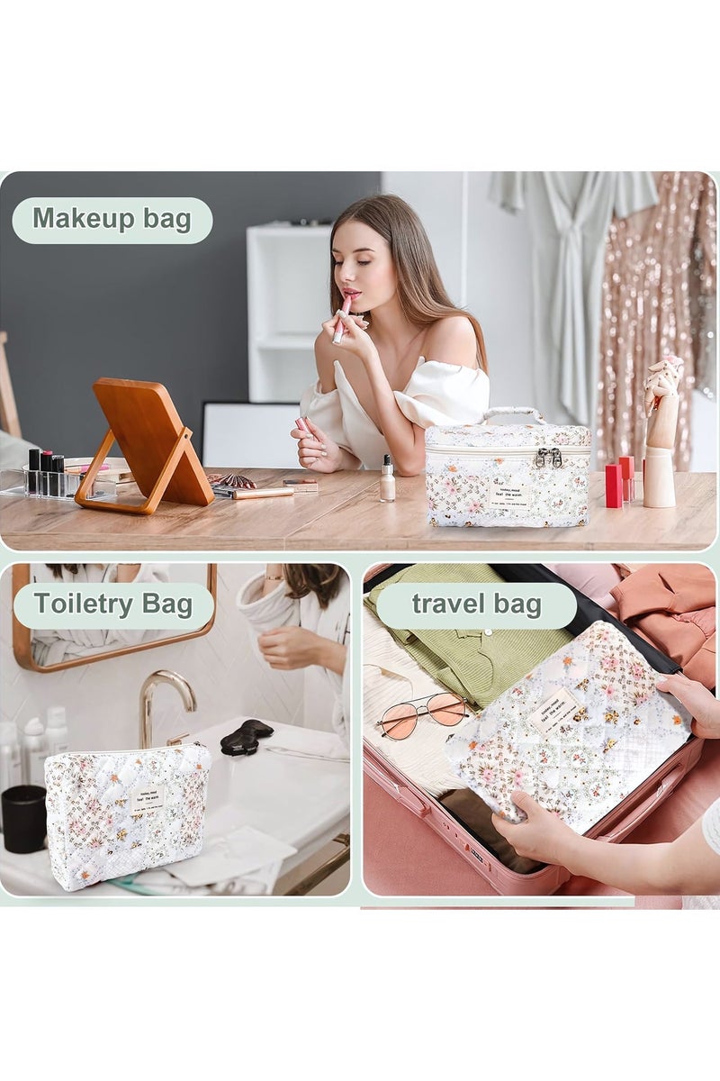 Cosmetic Bag, 3-Piece Large Quilted Makeup Bag for Women and Girls, Lovely Floral Cotton Cosmetic Bag, Aesthetic Travel Organized Toiletry Bags (Folk Style) - Image 5