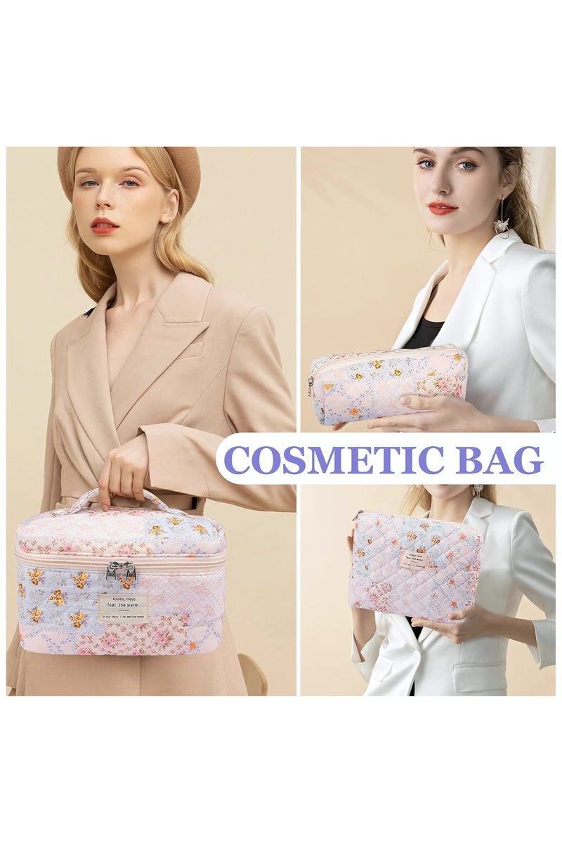 Cosmetic Bag, 3-Piece Large Quilted Makeup Bag for Women and Girls, Lovely Floral Cotton Cosmetic Bag, Aesthetic Travel Organized Toiletry Bags (Folk Style) - Image 1
