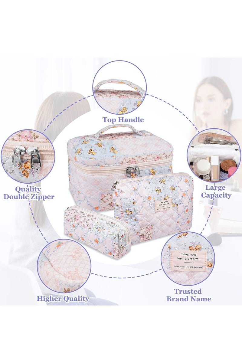 Cosmetic Bag, 3-Piece Large Quilted Makeup Bag for Women and Girls, Lovely Floral Cotton Cosmetic Bag, Aesthetic Travel Organized Toiletry Bags (Folk Style) - Image 3
