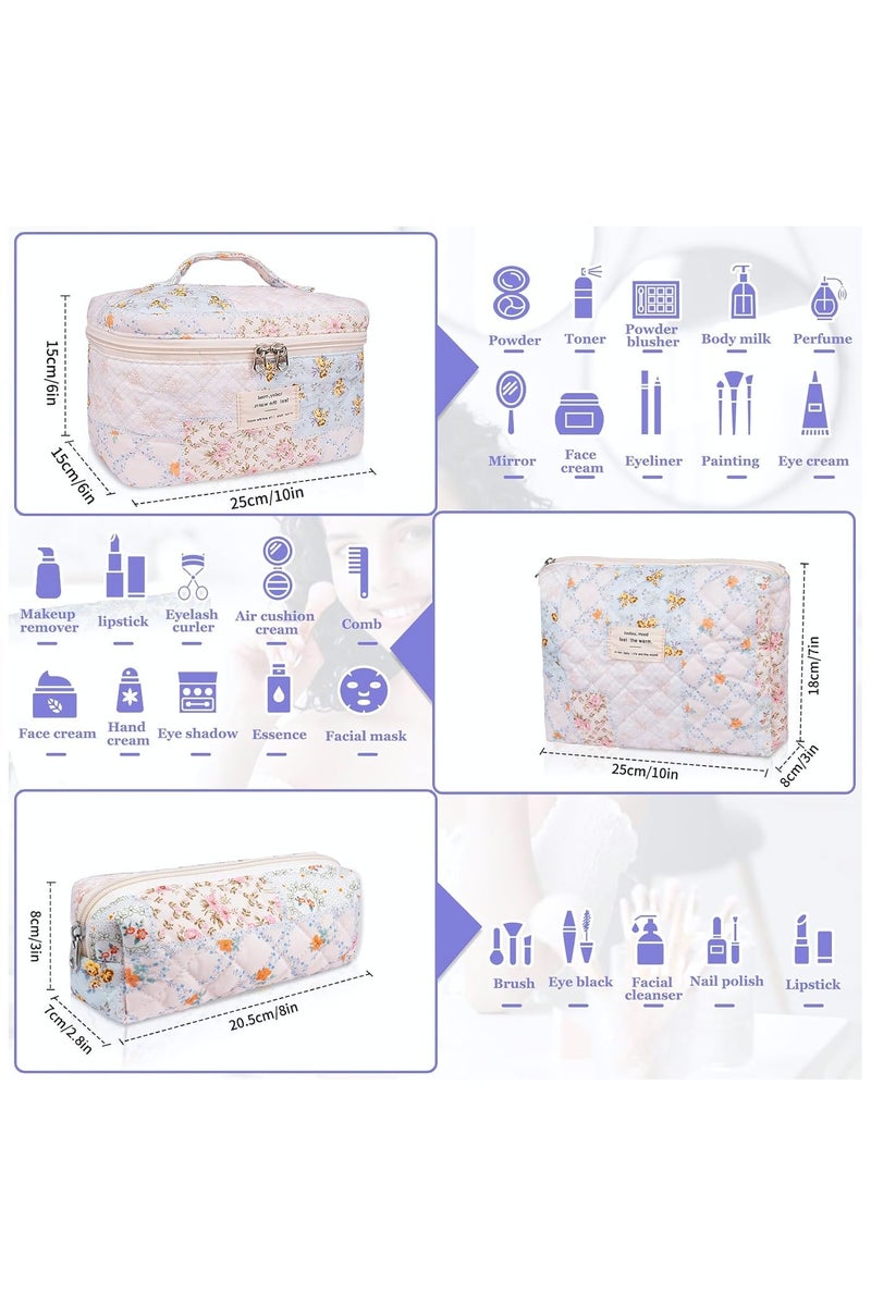 Cosmetic Bag, 3-Piece Large Quilted Makeup Bag for Women and Girls, Lovely Floral Cotton Cosmetic Bag, Aesthetic Travel Organized Toiletry Bags (Folk Style) - Image 2