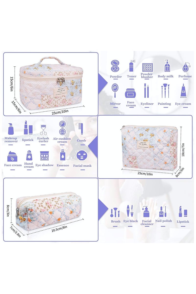 Cosmetic Bags, 3-Piece Cotton Quilted Makeup Bag Set, Large Floral Travel Toiletry Bag for Women, Aesthetic Toiletry Bags for Women Girls, Make Up Bag for Travel and Bathroom (Folk Style) - Image 2