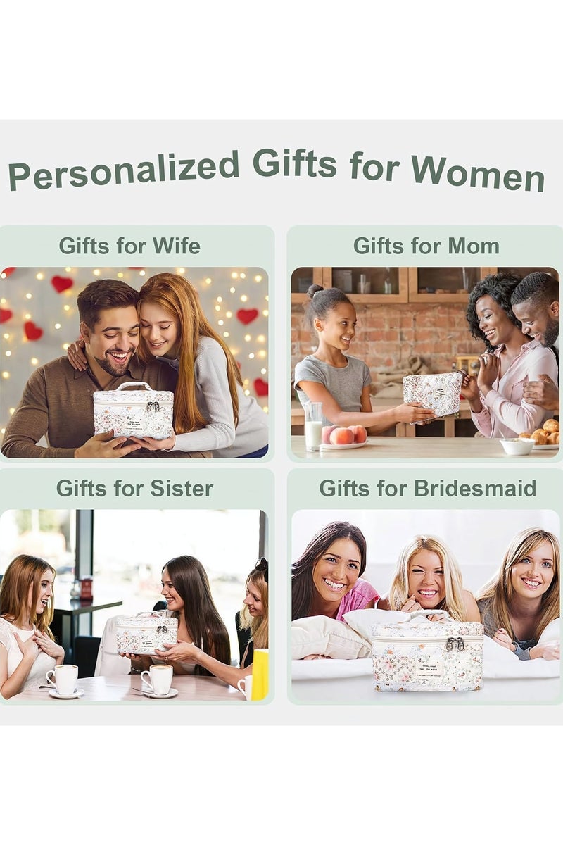 Cosmetic Bags, 3-Piece Cotton Quilted Makeup Bag Set, Large Floral Travel Toiletry Bag for Women, Aesthetic Toiletry Bags for Women Girls, Make Up Bag for Travel and Bathroom (Folk Style) - Image 5