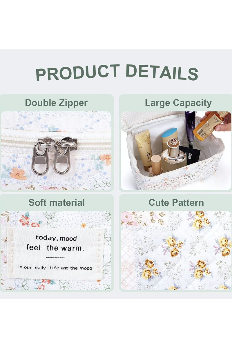 Cosmetic Bags, 3-Piece Cotton Quilted Makeup Bag Set, Large Floral Travel Toiletry Bag for Women, Aesthetic Toiletry Bags for Women Girls, Make Up Bag for Travel and Bathroom (Folk Style) - Image 3