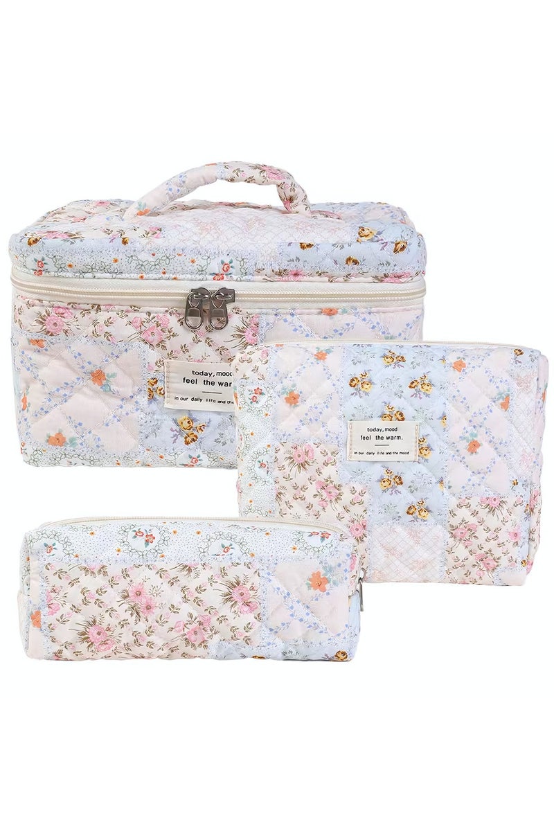 Cosmetic Bags, 3-Piece Cotton Quilted Makeup Bag Set, Large Floral Travel Toiletry Bag for Women, Aesthetic Toiletry Bags for Women Girls, Make Up Bag for Travel and Bathroom (Folk Style) - Image 1
