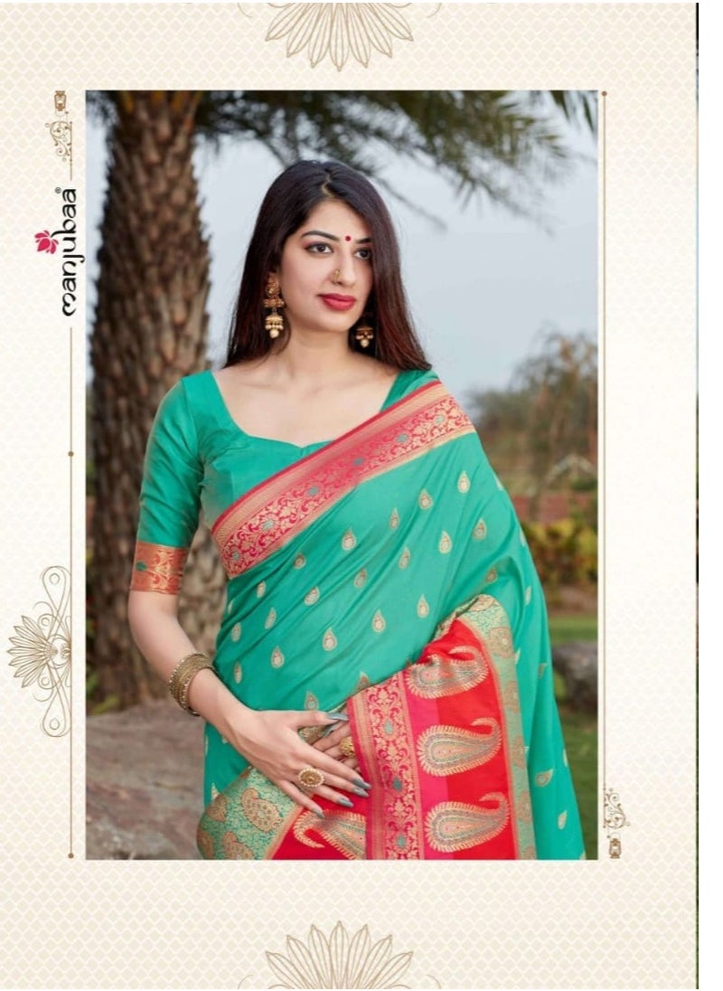 Grab Mantra - Banaras silk Green pink Combination saree with unstitched blouse - Image 1