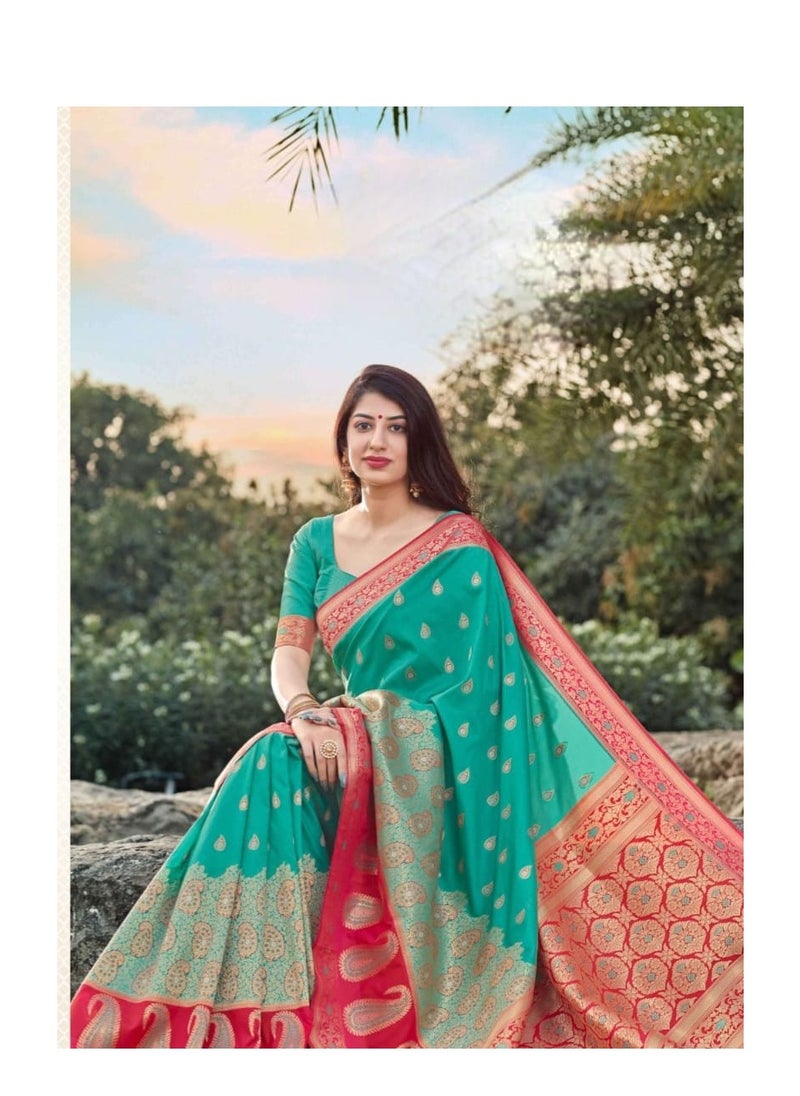Grab Mantra - Banaras silk Green pink Combination saree with unstitched blouse - Image 1
