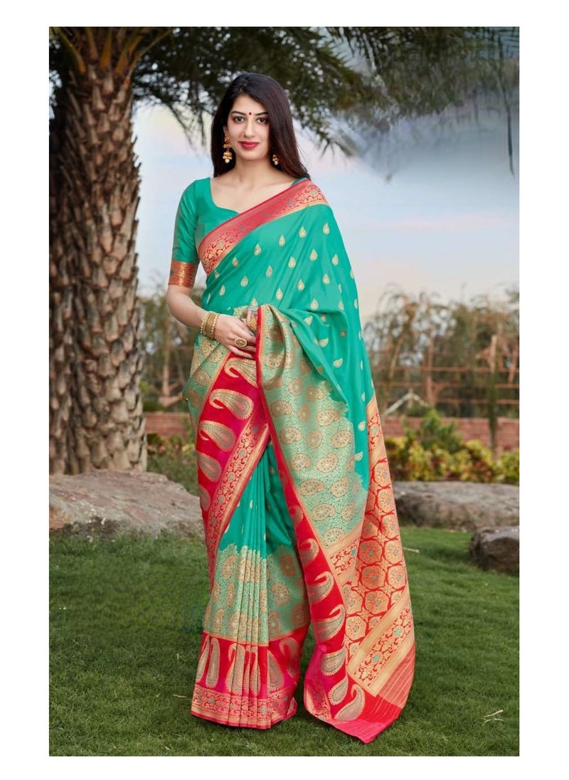 Grab Mantra - Banaras silk Green pink Combination saree with unstitched blouse - Image 1