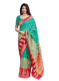 Banaras silk Green pink Combination saree with unstitched blouse