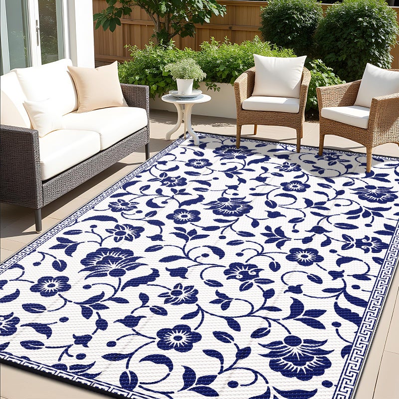 OLANLY Waterproof Outdoor Rug 8x10 ft, Outdoor Plastic Straw Rug with Flower Pattern, Reversible RV Mat for Patio, Camping, Balcony, Deck, Backyard, Navy & White - Image 1