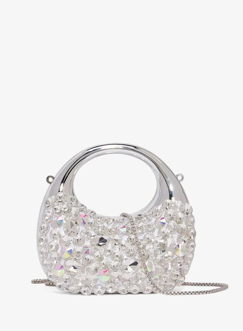 Ella Limited Edition Metal Silver  Metallic Embellished Statement Bag With Chain