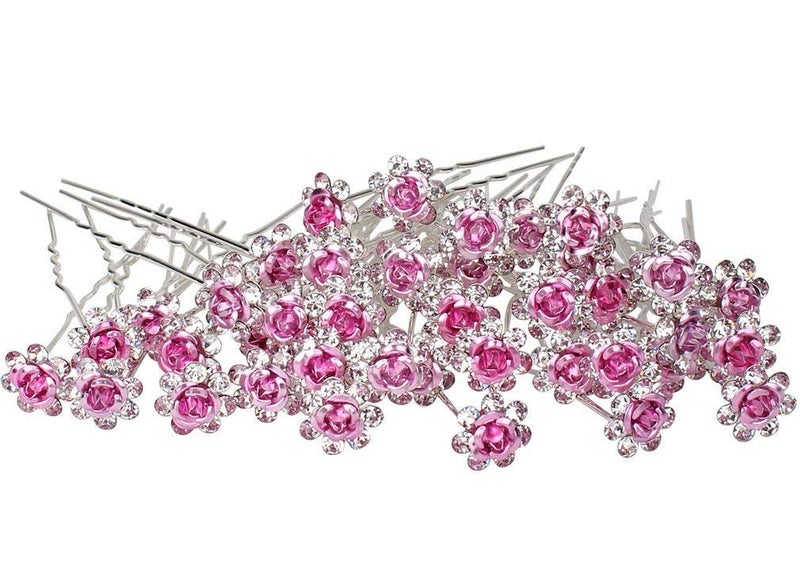ONWON 40 Pieces Rose Flower Rhinestone Hair Clips Crystal Hair Pins for Bridal Wedding Party Daily Life Women and Girls Hair Jewelry Acessories with Storage Bag Pink 