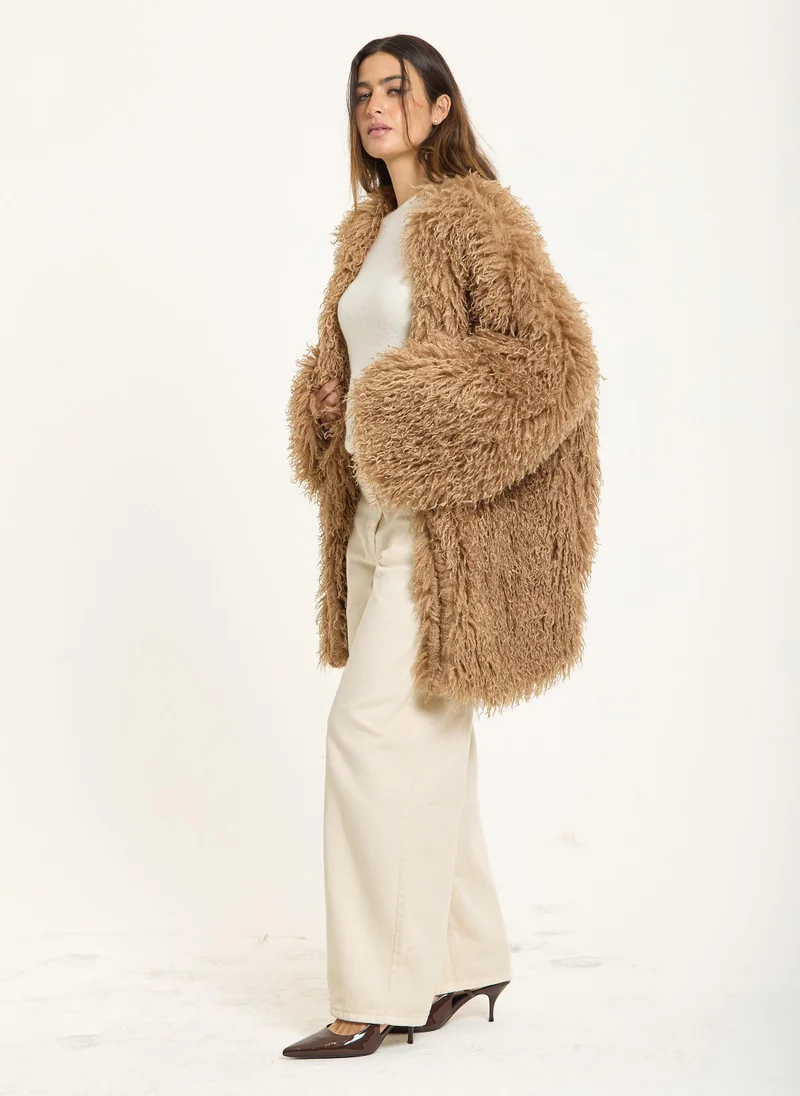 house of holland Camel Long Shaggy Faux Fur Coat