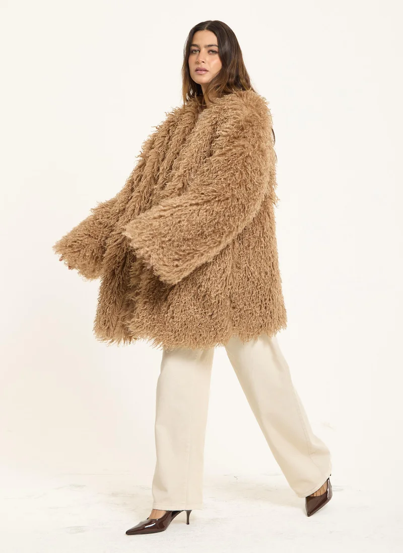 Camel Long Shaggy Faux Fur Coat