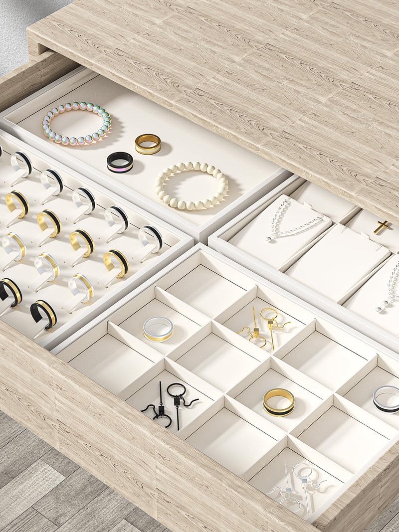 Ausalivan Drawer Jewelry Organizers And Storage,Velvet Bracelet And Ring Display Small Tray,Dresser Jewelry Drawer Organizer Inserts Containers,Earring And Necklace Holder Box (Beige Blank Trays) - Image 3