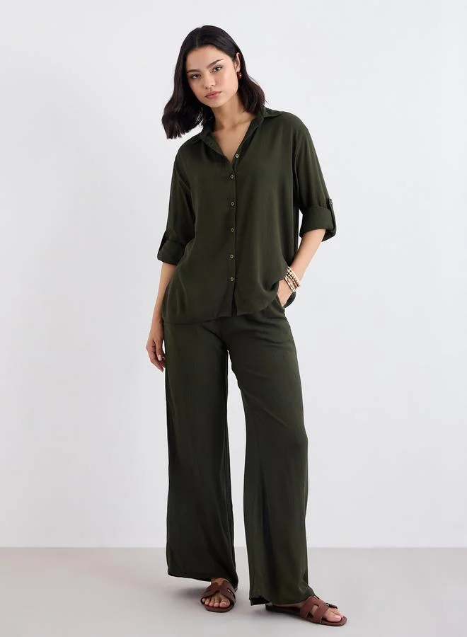 ستايلي Styli Women Olive Crinkled Oversized Shirt and Pants Co-Ords