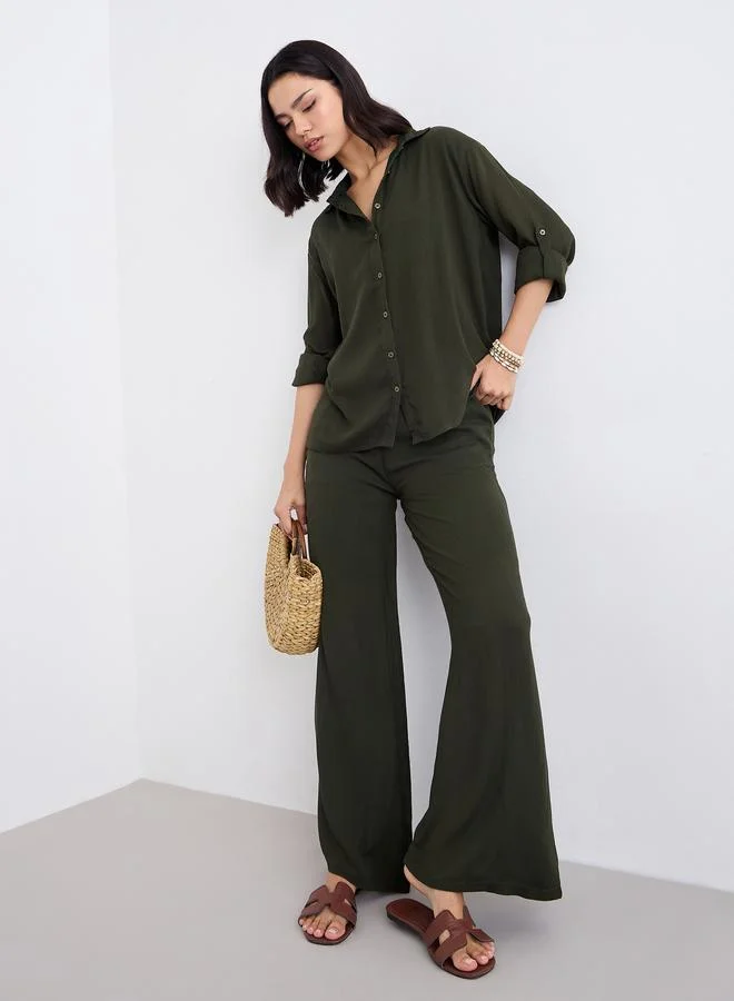 ستايلي Styli Women Olive Crinkled Oversized Shirt and Pants Co-Ords