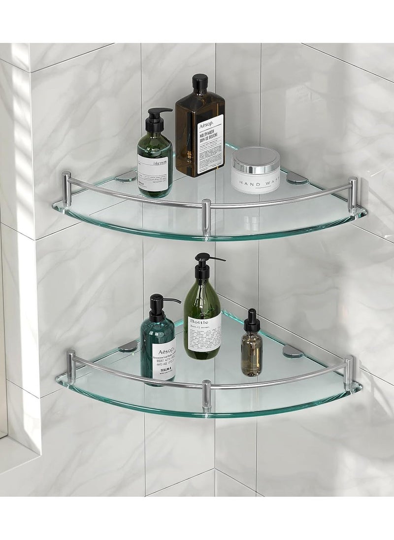 2 Pack Glass Shower Shelves Caddies Tempered Bathroom Glass Shelf with Rail Wall Mounted Drill Hole Shower Caddy Wall Mounted Bathroom Organizer for Corner Shower Shelf for Inside Shower  - Image 1