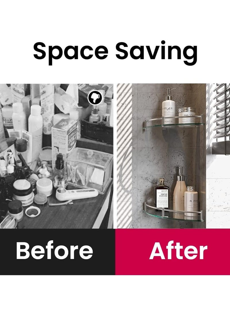 2 Pack Glass Shower Shelves Caddies Tempered Bathroom Glass Shelf with Rail Wall Mounted Drill Hole Shower Caddy Wall Mounted Bathroom Organizer for Corner Shower Shelf for Inside Shower  - Image 5